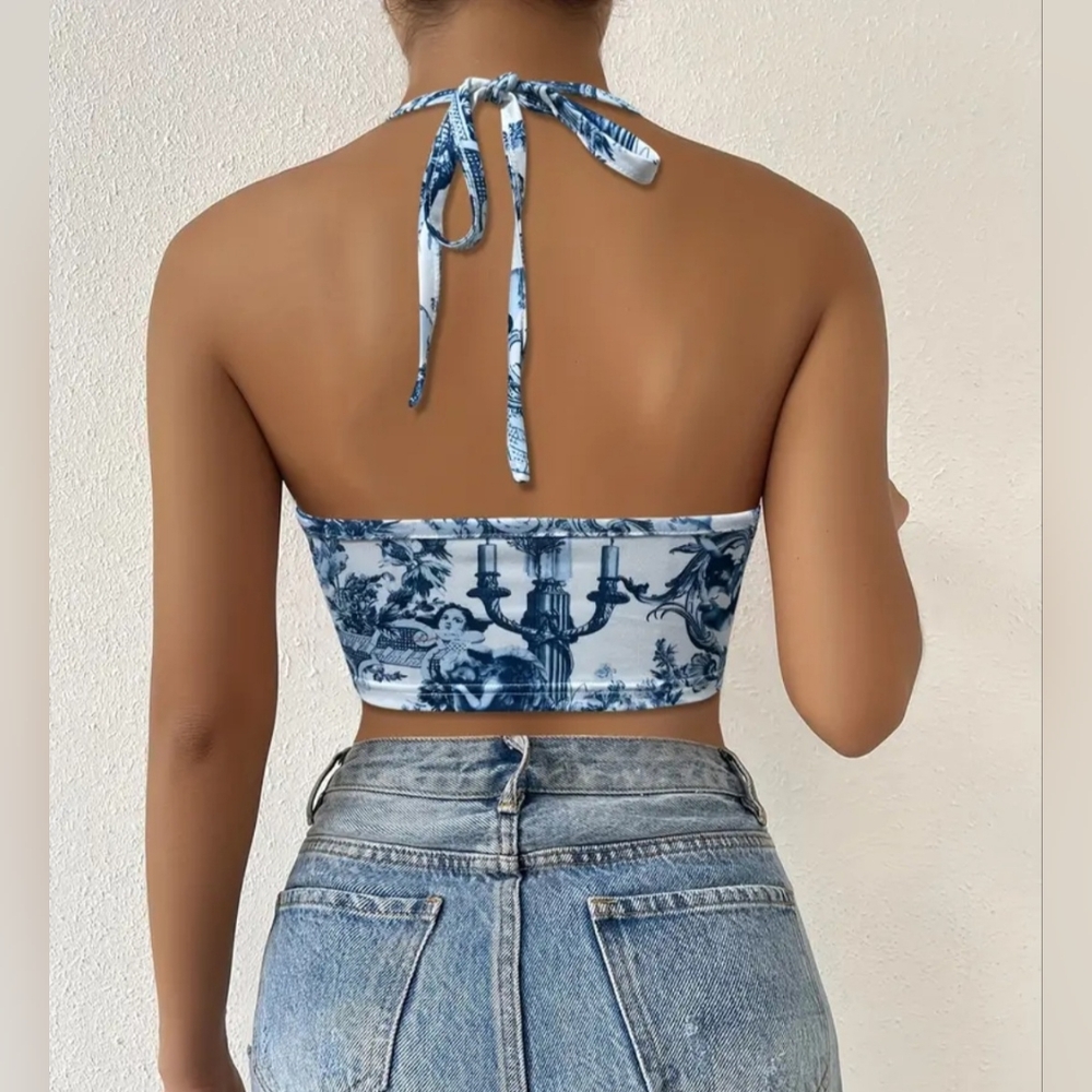 New, Hanky hem blue & white halter top sleeveless summer shirt large 12 14 women - Picture 2 of 5